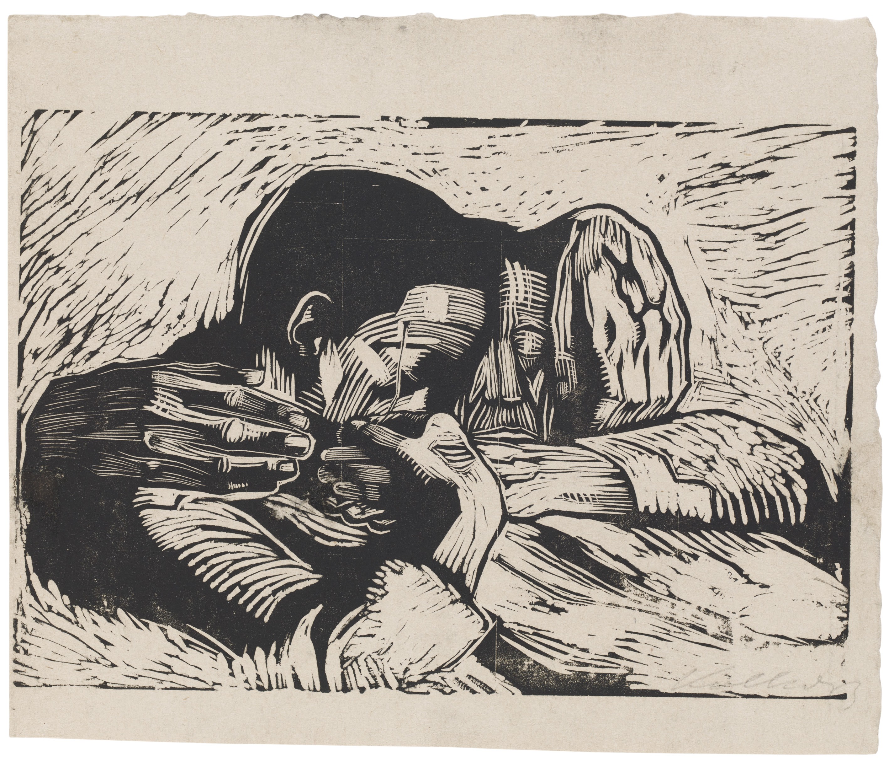 Käthe Kollwitz, Zwei Tote, 1920, Holzschnitt, 191 x 275 mm, Kn 158 IV, Kollwitz Museum Köln, Inv. Nr. 70300/98007.
