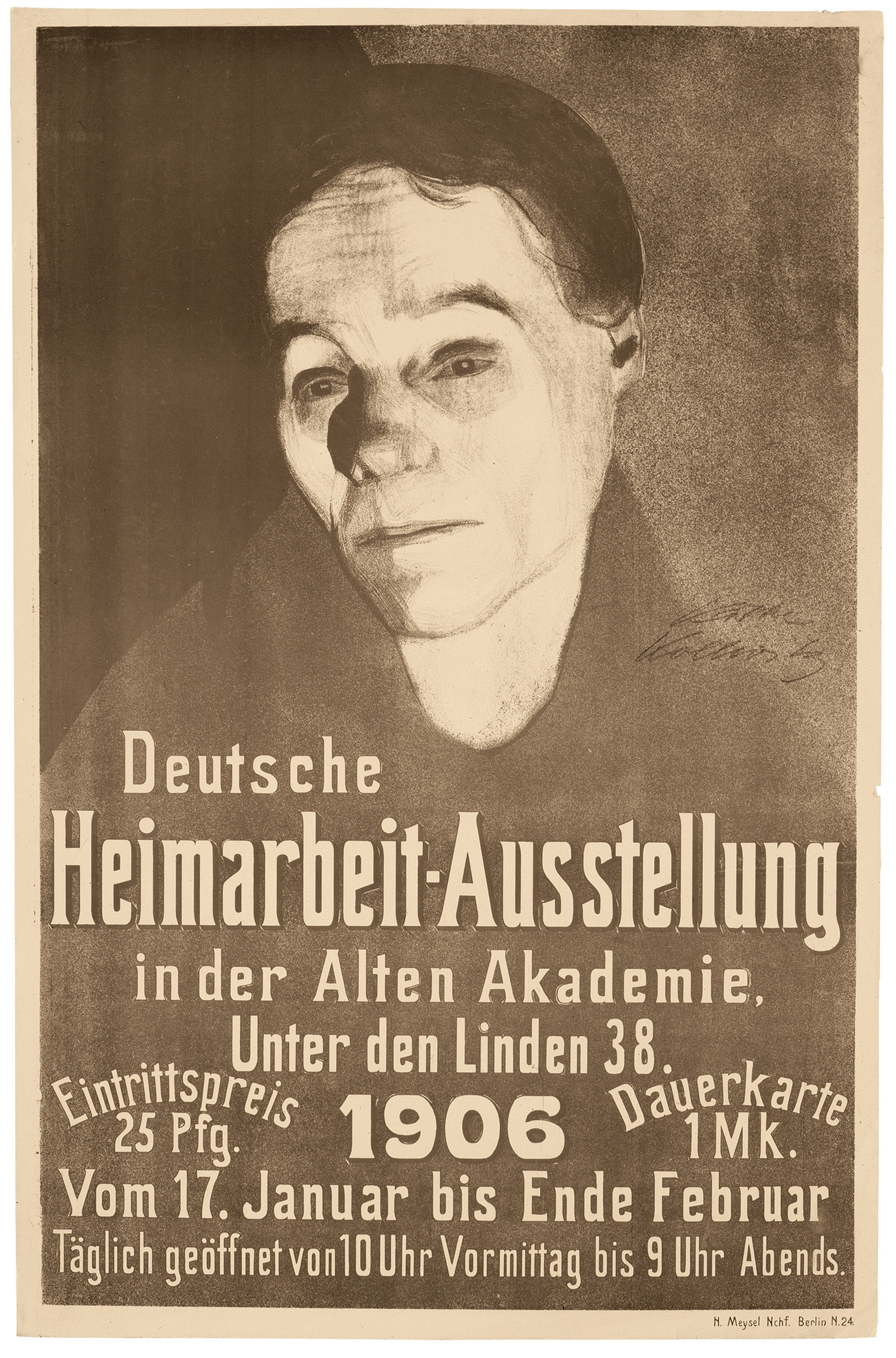 Käthe Kollwitz, Plakat »Deutsche Heimarbeit-Ausstellung Berlin 1906«, 1906, Kreide- und Pinsellithografie mit Spritztechnik und Schabeisen, 692 x 490 mm, Kn 95 III, Kollwitz Museum Köln, Inv. Nr. 00300/88002.
