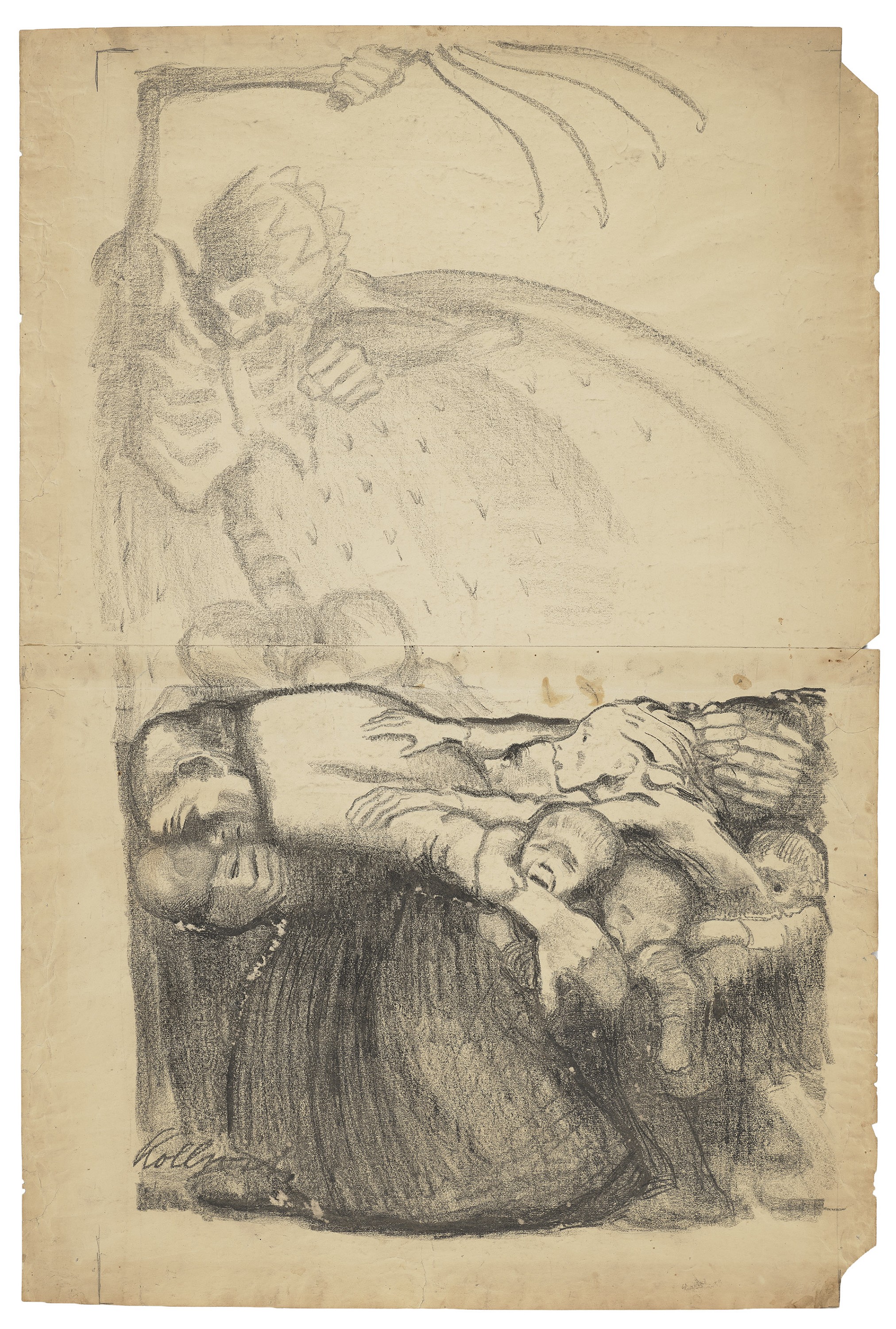 Käthe Kollwitz, »Wien stirbt! Rettet seine Kinder!«, 1920, Umdruckzeichnung zum Plakat, Lithokreide und blauer Buntstift, auf glattem, bräunlichen Papier, 969 x 657 mm, NT (861a), Kollwitz Museum Köln, Dauerleihgabe Giv und Schirin von Koerber. 