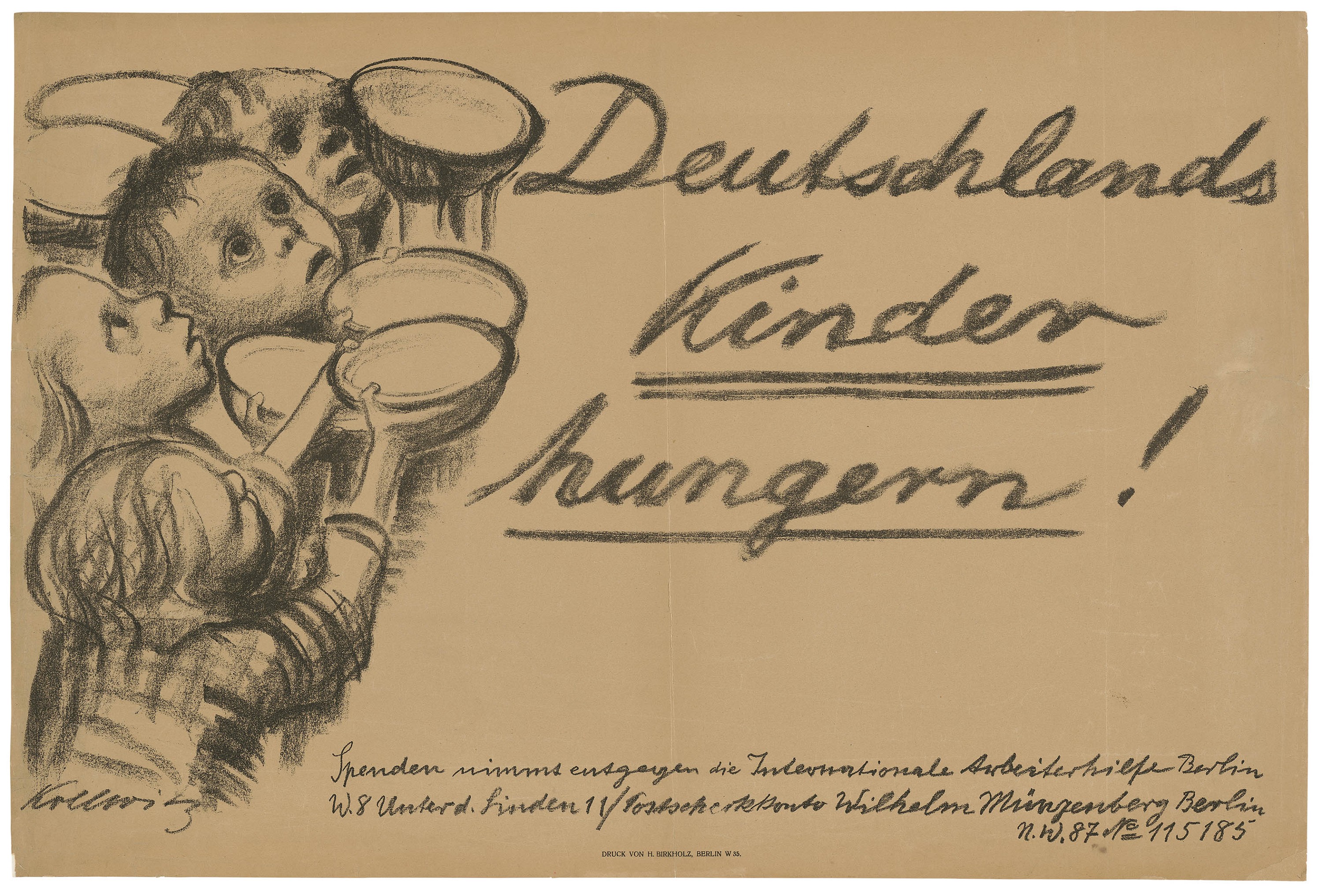 Käthe Kollwitz, Plakat »Deutschlands Kinder hungern!«, 1923, Kreidelithografie (Umdruck), 420 x 690 mm, Kn 202 B, Kollwitz Museum Köln, Inv. Nr. 70300/86045.