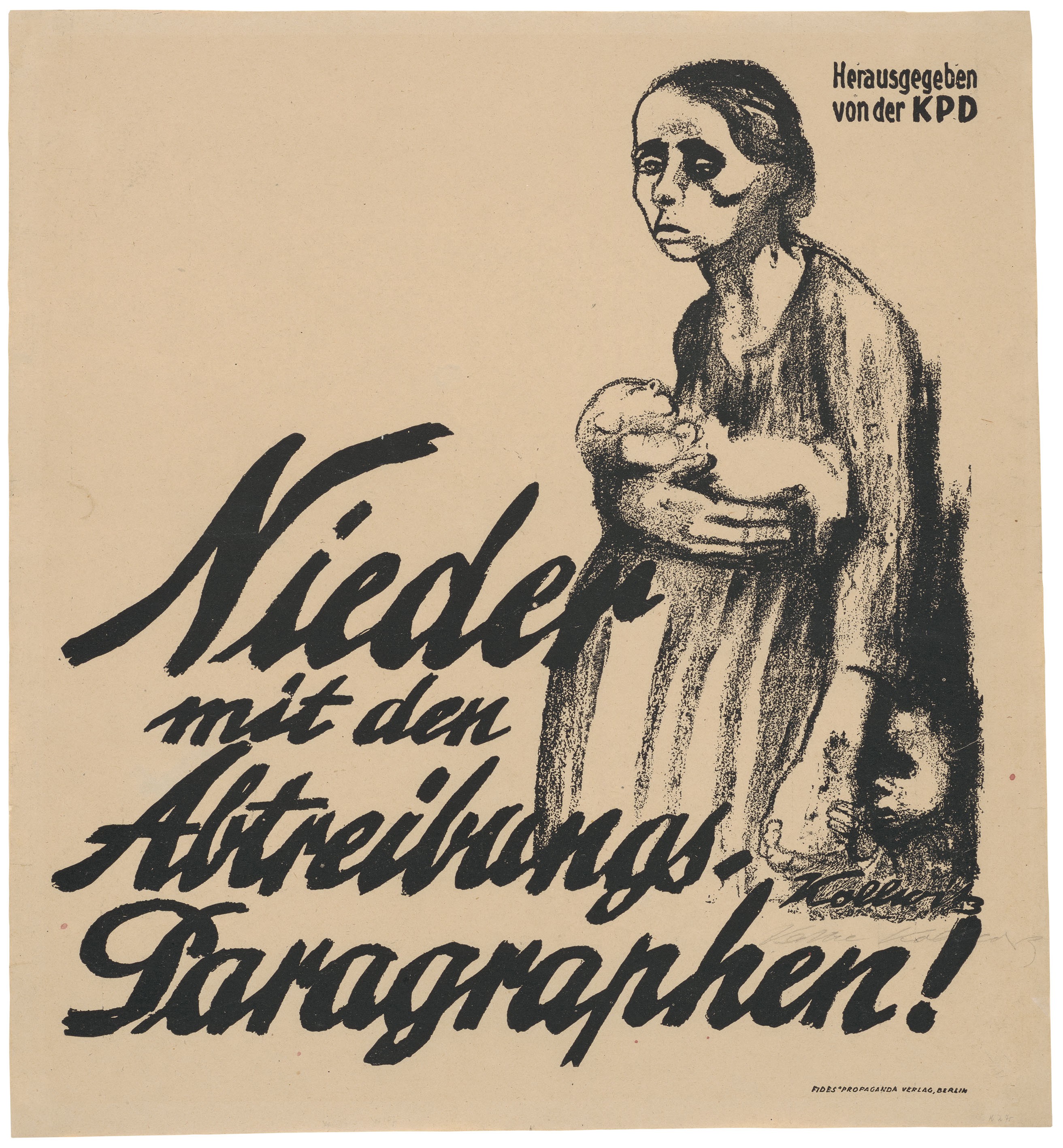 Käthe Kollwitz, Plakat »Nieder mit den Abtreibungs-Paragraphen!«, 1923, Kreidelithografie (Umdruck), 470 x 435 mm, Kn 198 II, Kollwitz Museum Köln, Inv. Nr. 70300/05016.