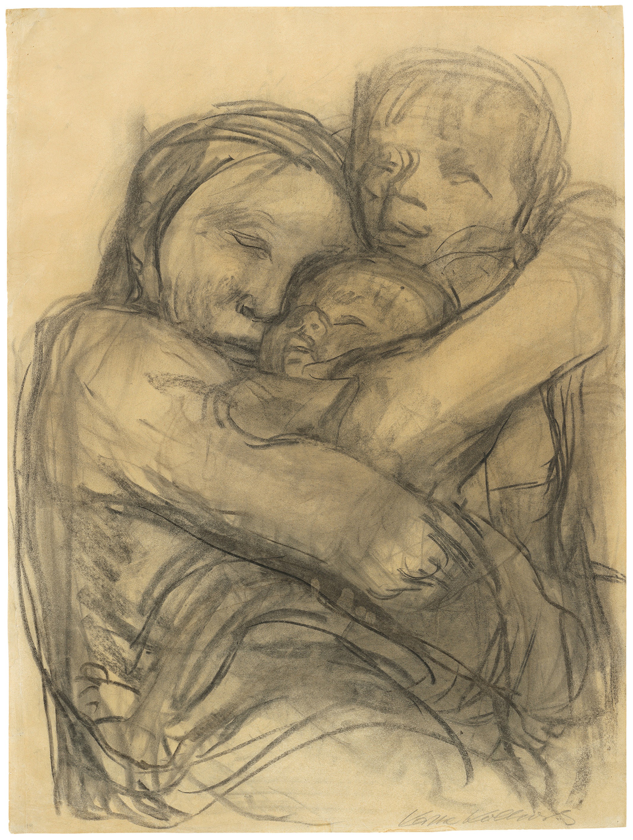 Käthe Kollwitz, Mutter, zwei Kinder an sich pressend, 1932, Kohle auf dünnem Velin, 641 x 481 mm, NT 1232, Kollwitz Museum Köln, Inv. Nr. 70200/12001.