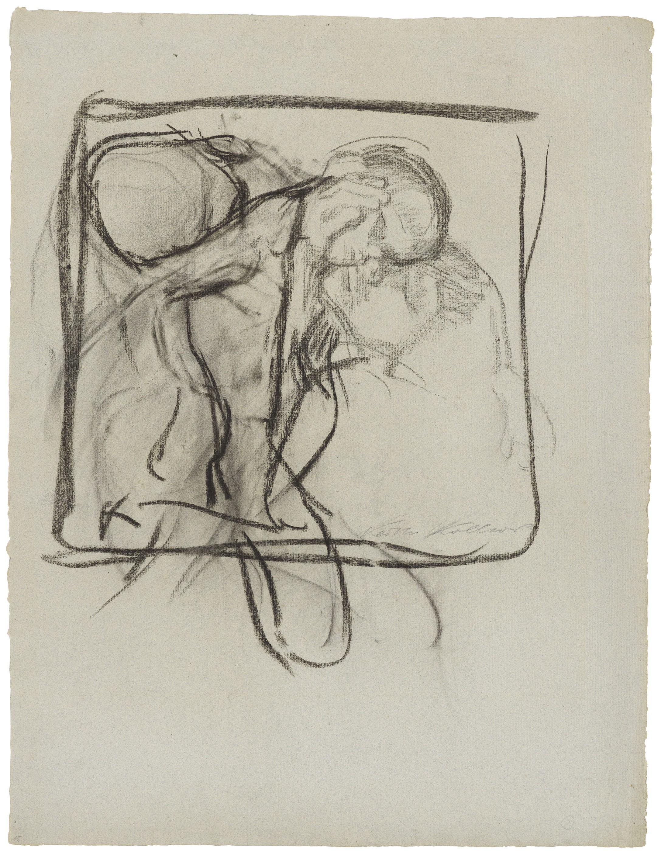 Käthe Kollwitz, Abschied, 1910, Kohle, gewischt, auf grüngrauem Ingres-Papier, 632 x 484 mm, NT 596, Kollwitz Museum Köln, Inv. Nr. 70200/92007. 