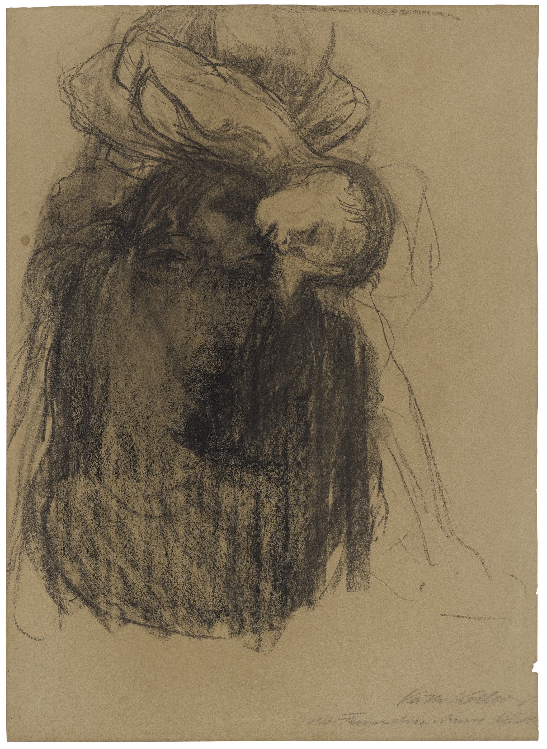 Käthe Kollwitz, Tod, Frau und Kind, 1910, Schwarze Kreide, gewischt, auf bräunlichem Papier, 622 x 464 mm, NT 609, Kollwitz Museum Köln, Inv. Nr. 70200/99001.