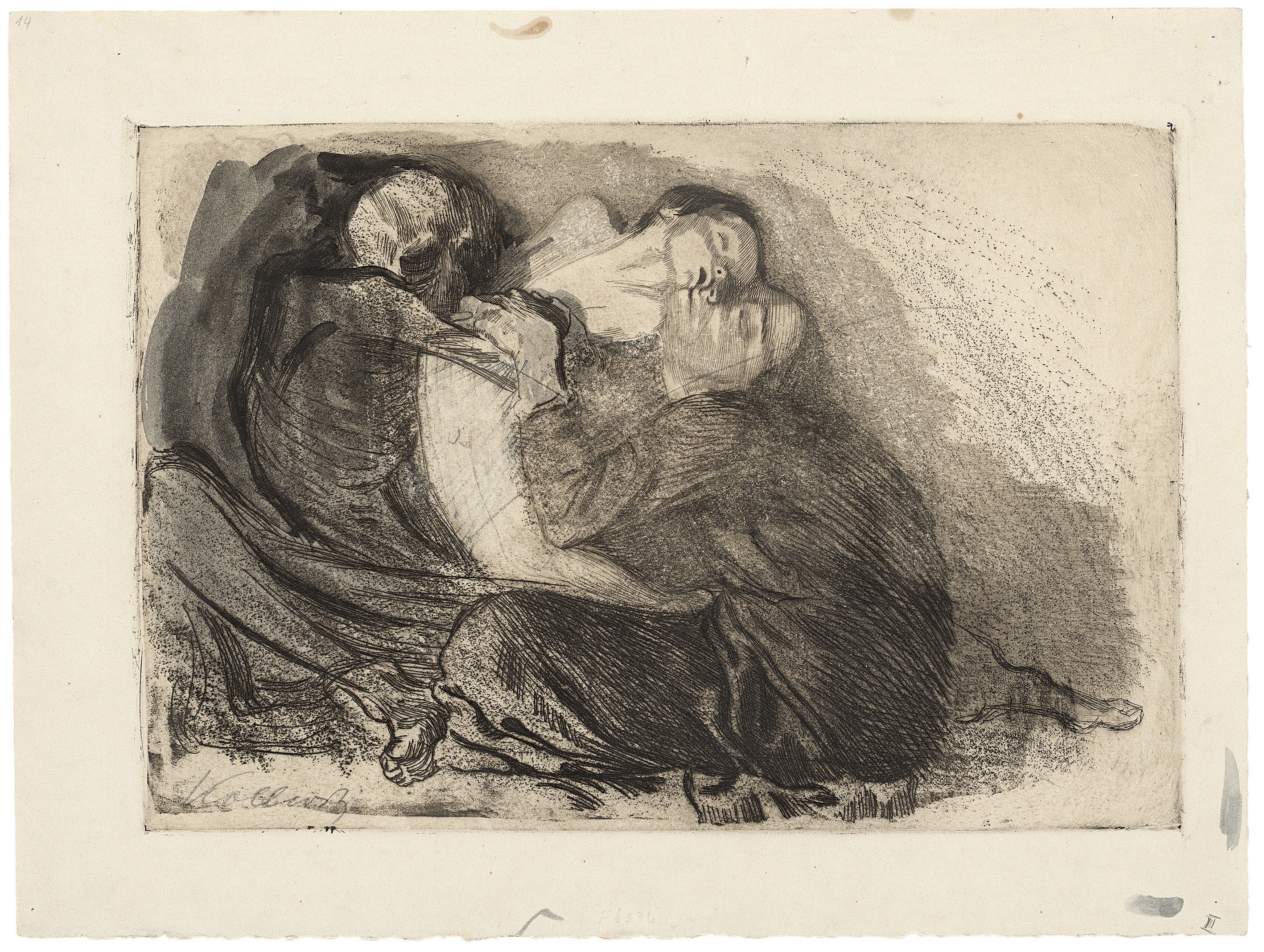 Käthe Kollwitz, Tod einer Mutter das kranke Kind entreißend, verworfene Arbeit, 1911, Strichätzung, Kaltnadel und Schmirgel, 238 x 345 mm, Kn 119 II, Kollwitz Museum Köln, Inv. Nr. 70300/03008.