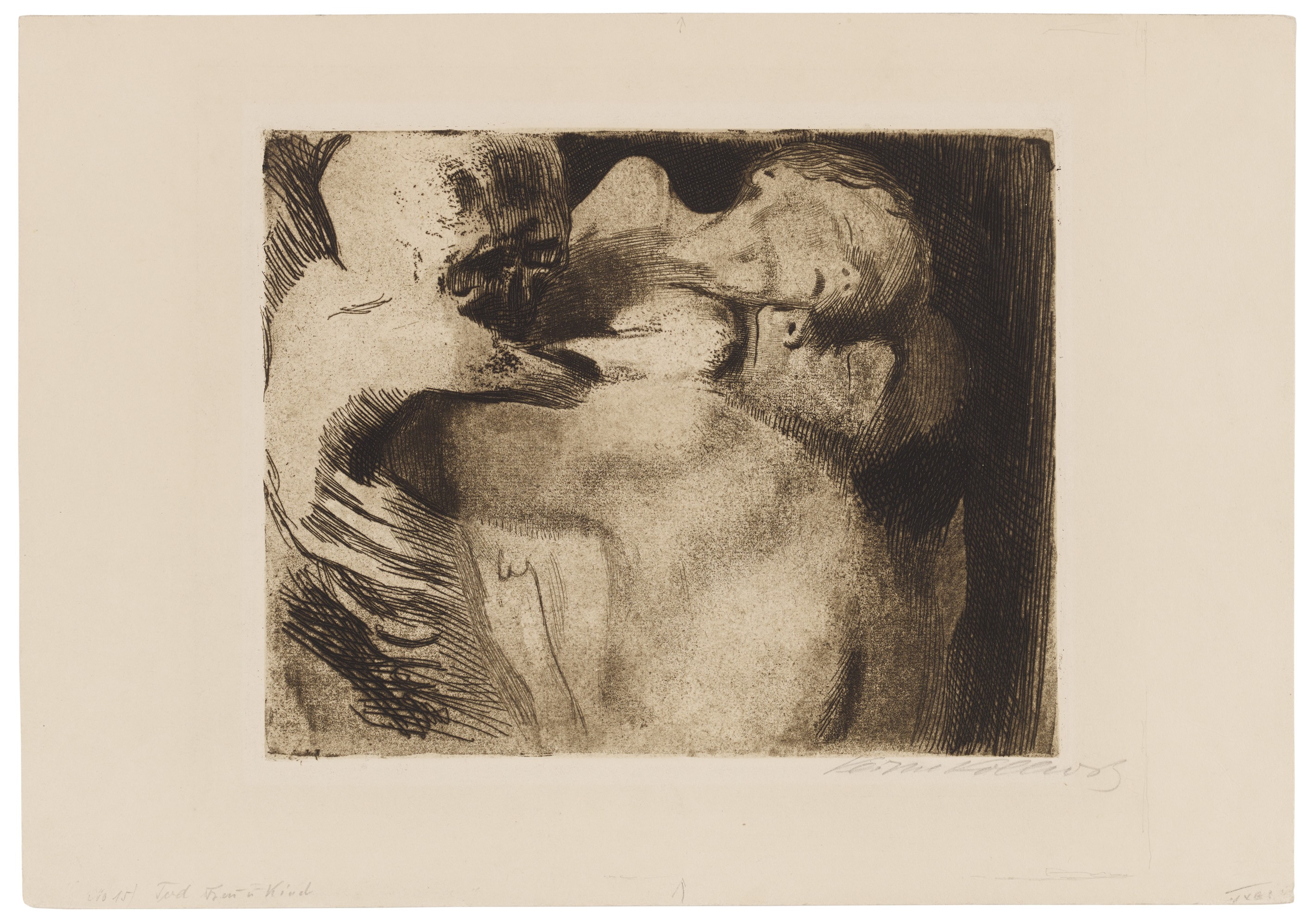 Käthe Kollwitz, Tod und Frau um das Kind ringend, 1911, Strichätzung, Kaltnadel, Schmirgel und Vernis mou mit Durchdruck von Bütten, 226 x 286 mm, Kn 121 IX e, Kollwitz Museum Köln, Inv. Nr. 70300/87016