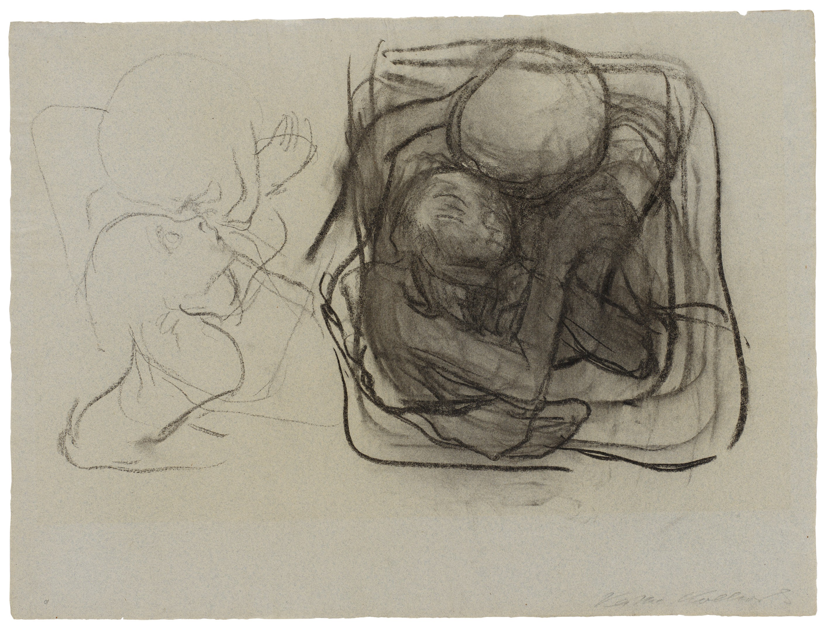Käthe Kollwitz, Der Tod nimmt eine Frau zu sich, 1921, Schwarze Kreide auf blauem Bütten, 444 x 604 mm, NT 884, Kollwitz Museum Köln, Inv. Nr. 70200/83034.