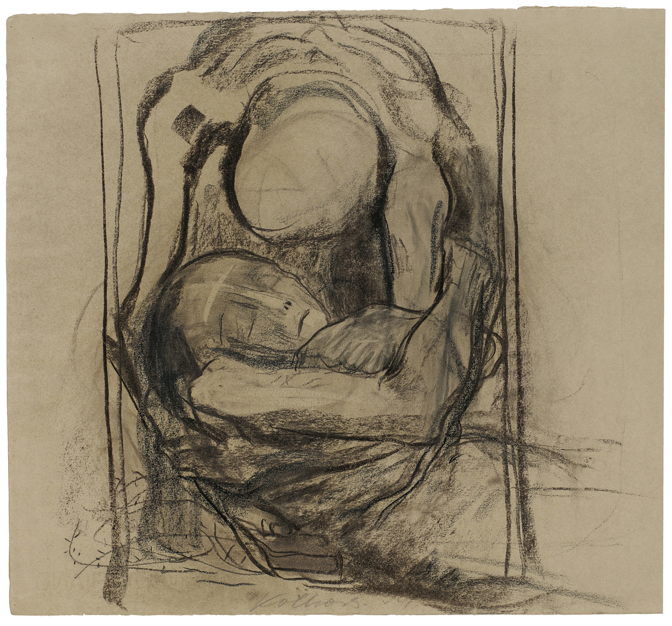 Käthe Kollwitz, Der Tod nimmt eine Frau zu sich, 1921/1922, Kohle, schwarze und braune Kreide, gewischt auf olivbraunem Bütten, 446 x 479 mm, NT 885, Kollwitz Museum Köln, Inv. Nr. 70200/83035.