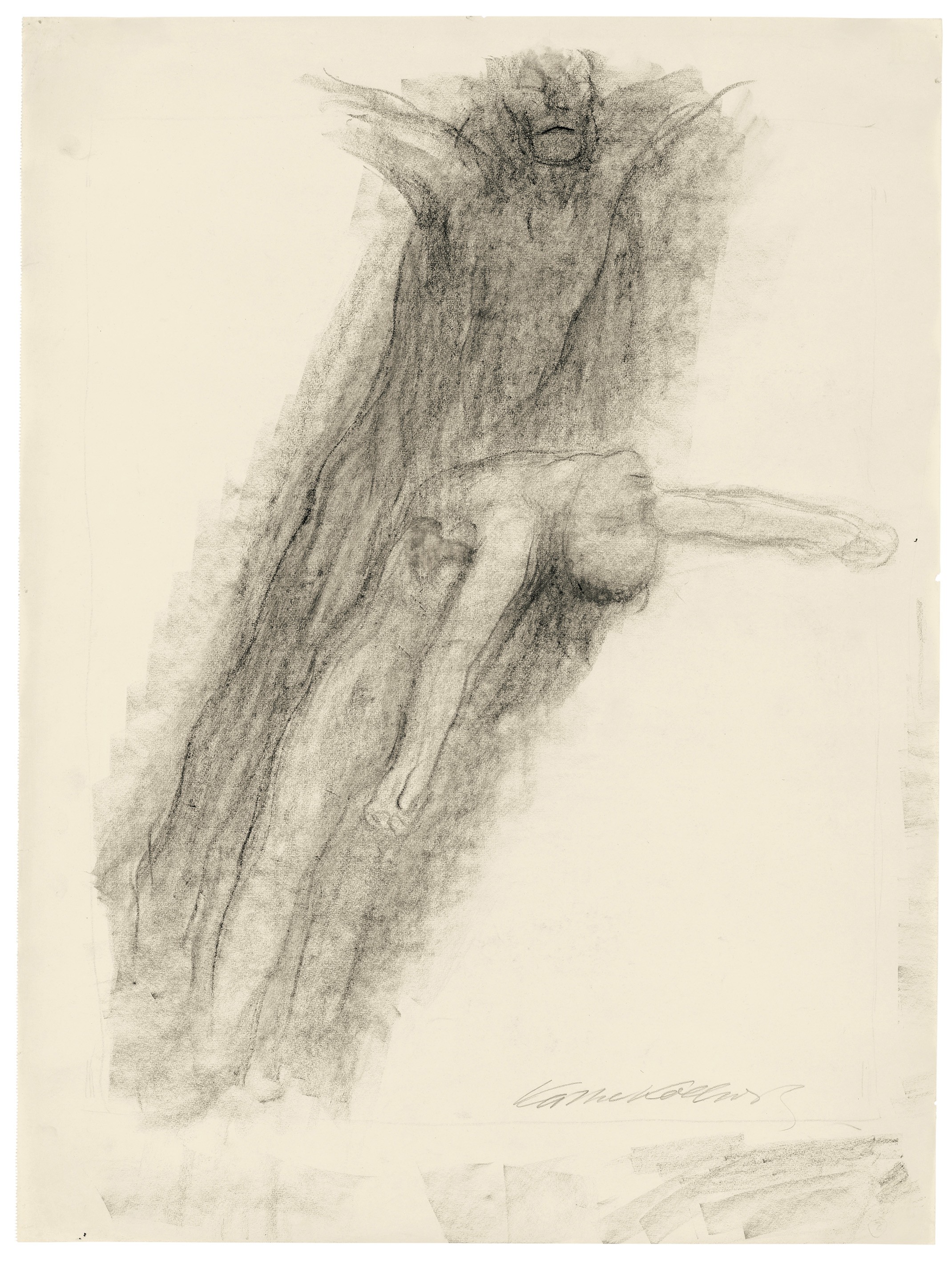 Käthe Kollwitz, Tod und Jüngling, aufschwebend, um 1922/23, schwarze Kreide, gewischt auf Zeichenpapier, 645 x 482 mm, NT 963, Kollwitz Museum Köln, Inv. Nr. 70200/02022. . 