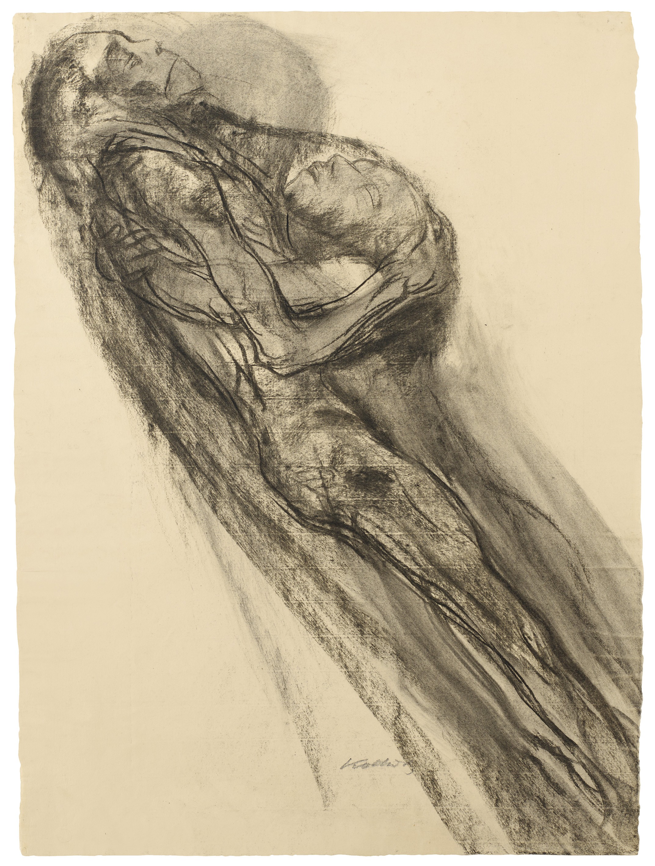 Käthe Kollwitz, Tod mit Peter, aufschwebend, 1922/23, Kohle, gewischt auf Ingres-Bütten, 605 x 452 mm, NT 967, Kollwitz Museum Köln, Inv. Nr. 70200/86003