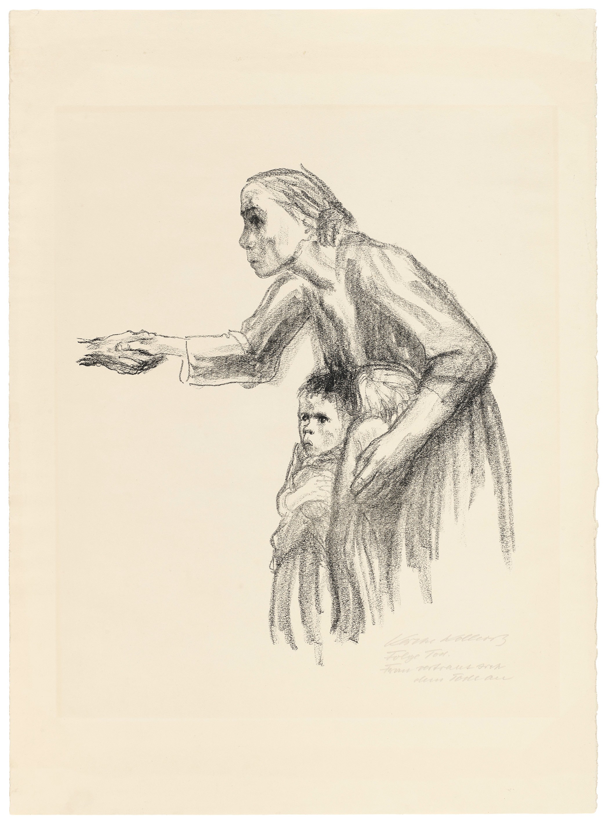 Käthe Kollwitz, Frau vertraut sich dem Tod an, Blatt 1 der Folge »Tod«, 1934, Kreidelithografie, 460 x 395 mm, Kn 264 b, Kollwitz Museum Köln, Inv. Nr. 70300/89027.