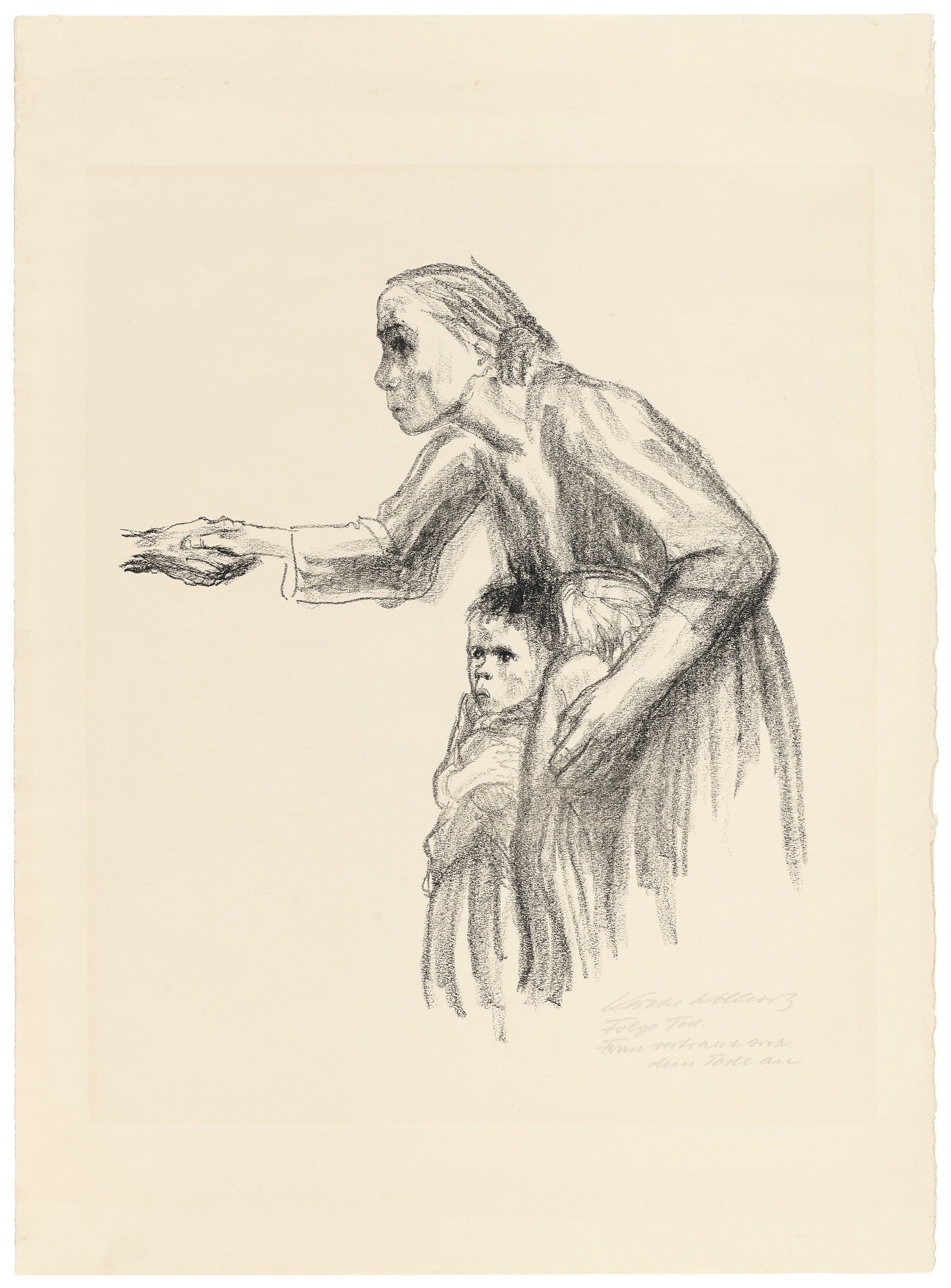 Käthe Kollwitz, Frau vertraut sich dem Tod an, Blatt 1 der Folge »Tod«, 1934, Kreidelithografie, 460 x 395 mm, Kn 264 b, Kollwitz Museum Köln, Inv. Nr. 70300/89027.