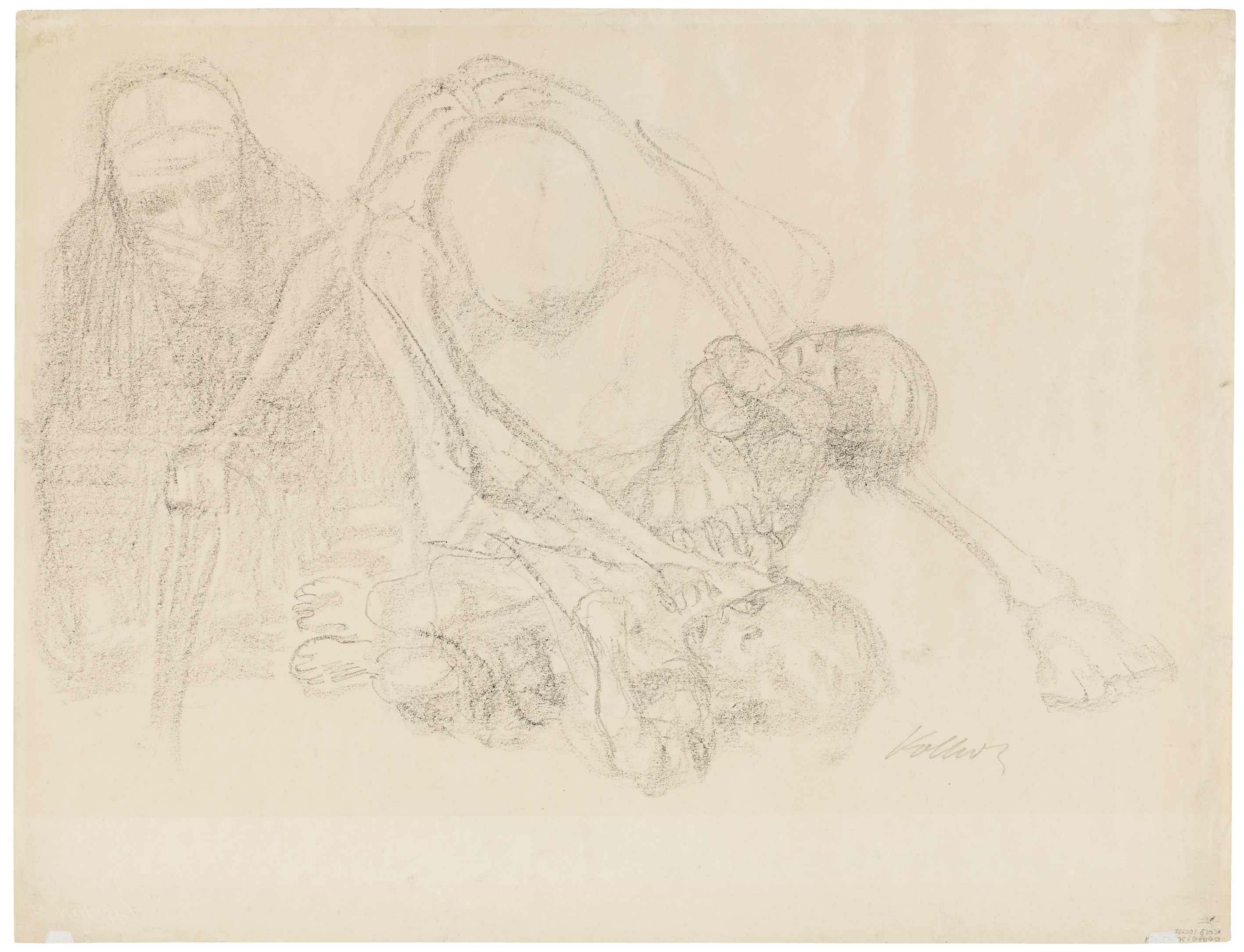 Käthe Kollwitz, Der Tod greift in eine Kinderschar, 1920, Schwarze Kreide auf dickem, chamoisfarbenem Papier, 500 x 653 mm, NT 860, Kollwitz Museum Köln, Inv. Nr. 70200/83031.