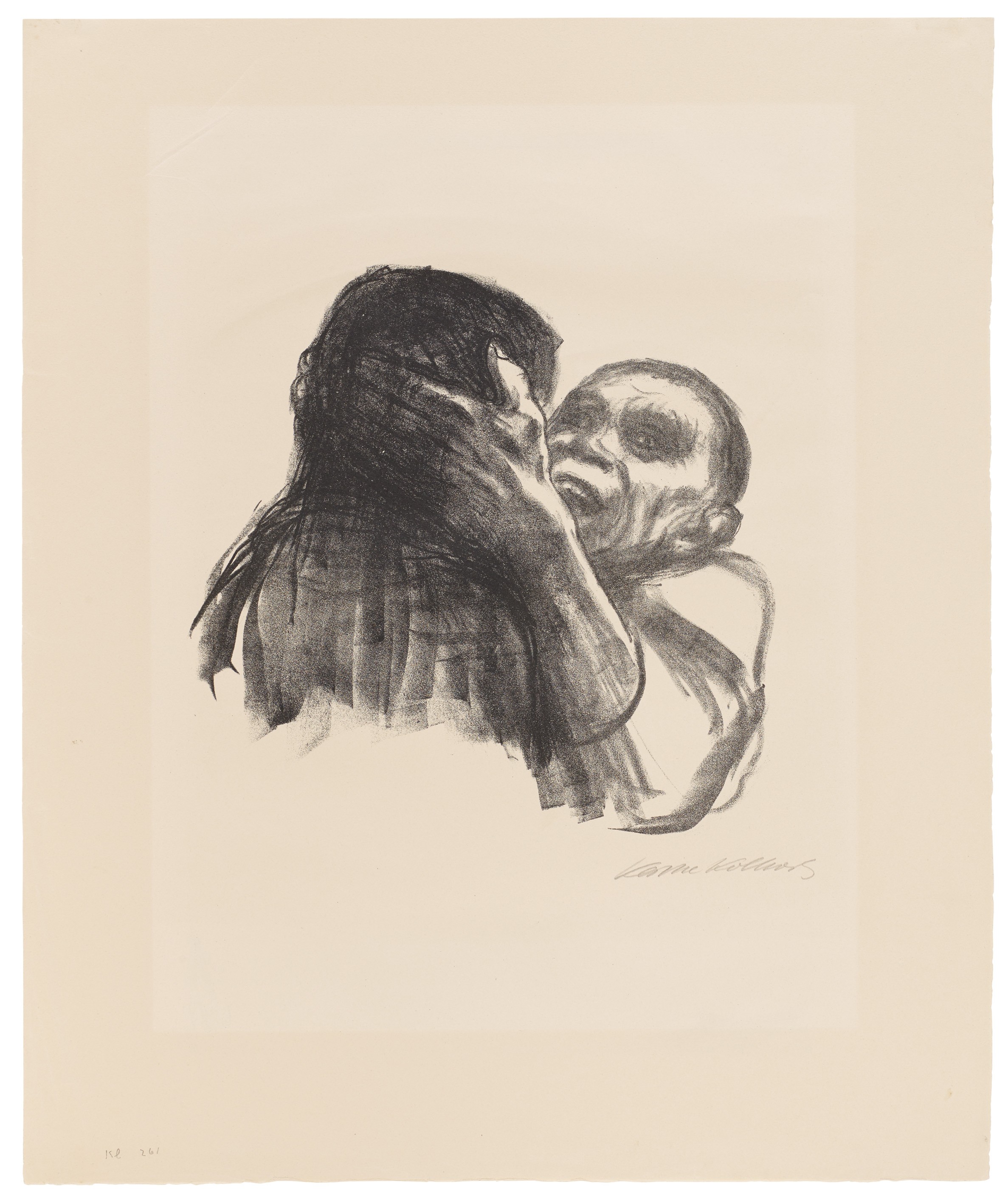 Käthe Kollwitz, Tod wird als Freund erkannt, Blatt 6 der Folge »Tod«, 1937, Kreidelithografie, 315 x 328 mm, Kn 271 b, Kollwitz Museum Köln, Inv. Nr. 70300/89023.