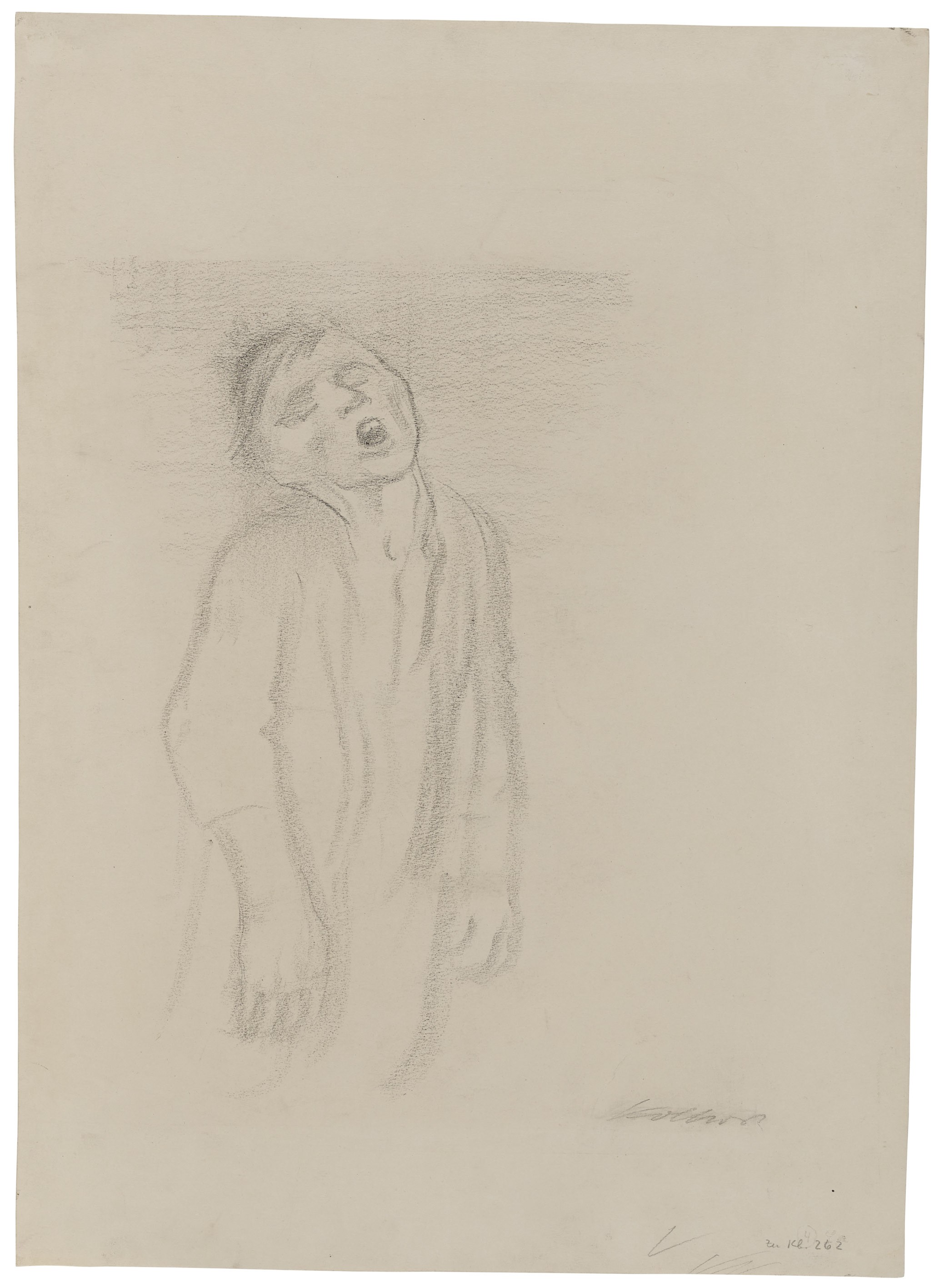 Käthe Kollwitz, Ertrinkender Mann, 1934, Kohle auf dickem, chamoisfarbenem Papier, 574 x 408 mm, NT 1258, Kollwitz Museum Köln, Inv. Nr.  70200/83060. 