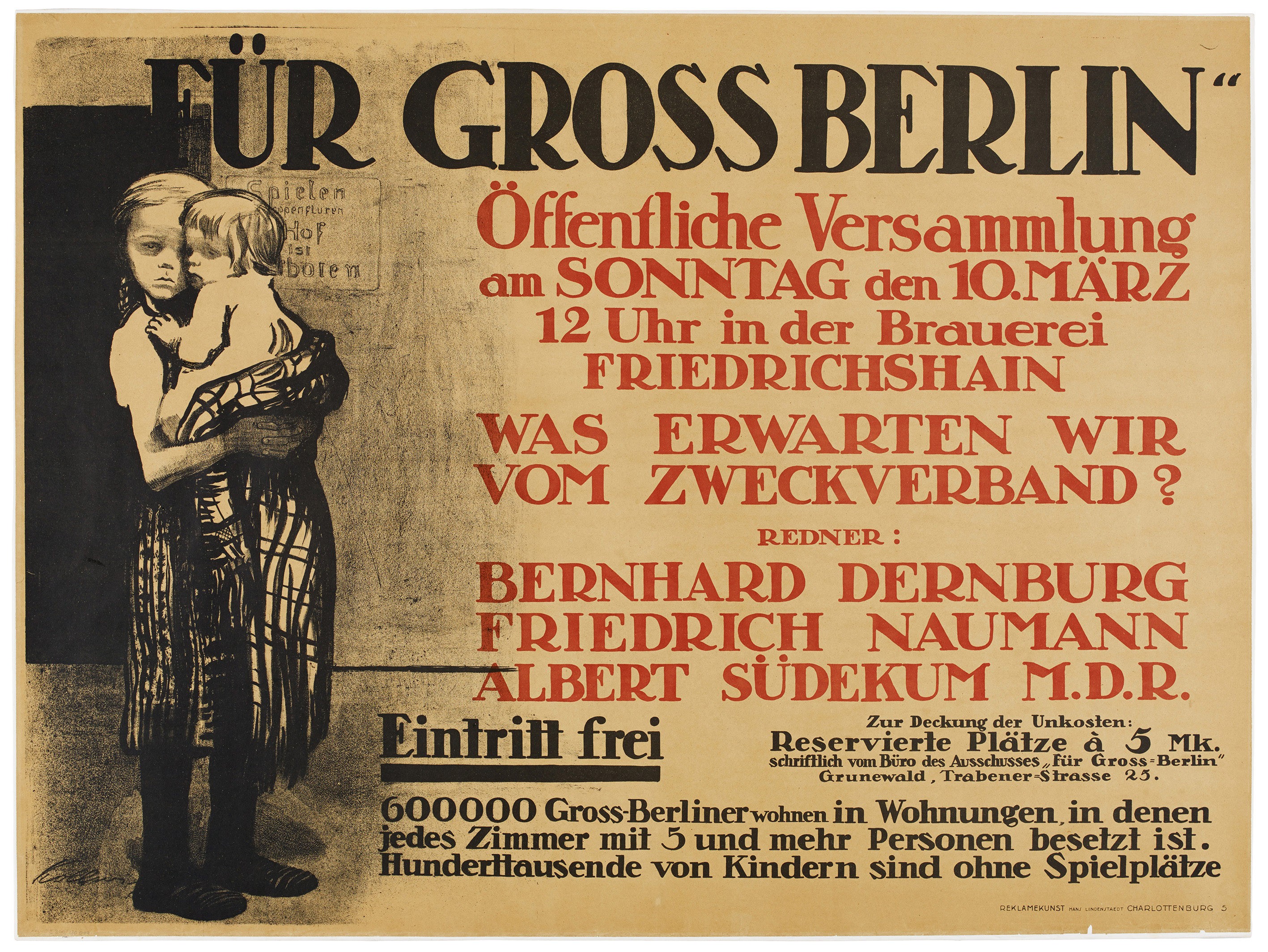 Käthe Kollwitz, Plakat »Für Groß Berlin«, 1912, Kreide- und Pinsellithografie (Umdruck), 690 x 950 mm, Kn 122 I, Kollwitz Museum Köln, Inv. Nr. 70300/88003.