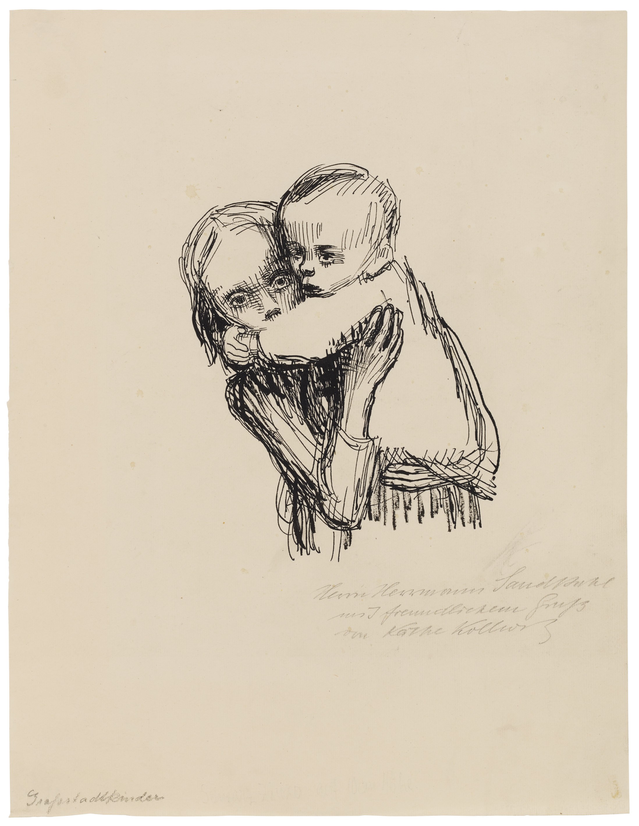 Käthe Kollwitz, Großstadtkinder, 1923, Feder auf gelblichem Bütten, 205 x 165 mm, NT 997a, Kollwitz Museum Köln, Inv. Nr. 70200/96021.
