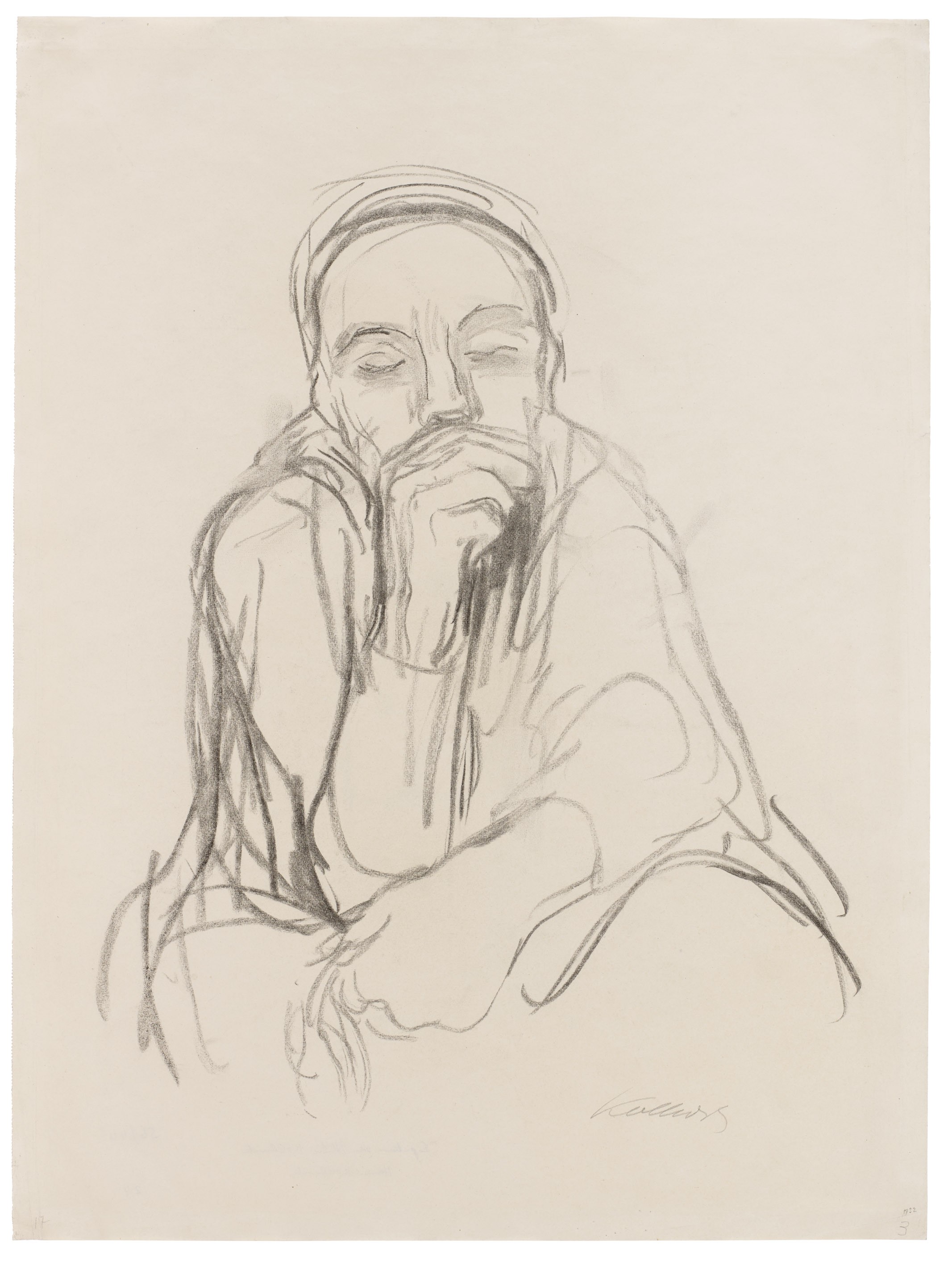 Käthe Kollwitz, Sitzende Frau mit geschlossenen Augen, den Kopf in die rechte Hand gestützt, 1920, Kohle auf dünnem Velin, 645 x 483 mm, NT 863, Kollwitz Museum Köln, Inv. Nr. 70200/04006.