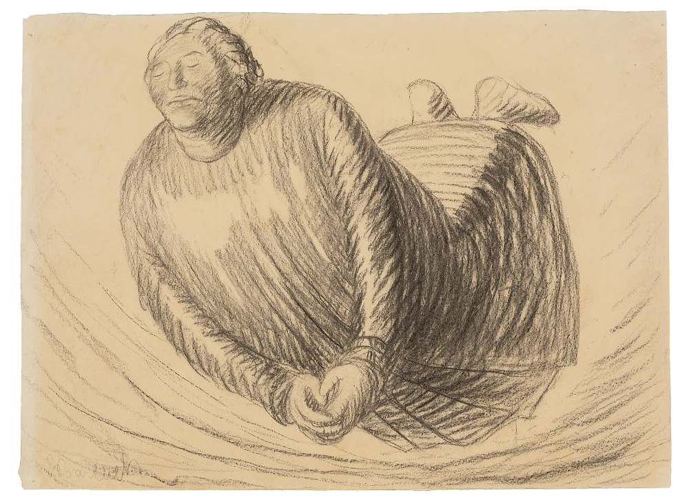 Das Bild zeigt Ernst Barlachs Kohle-Zeichnung des »Schwebenden«, eine massiv wirkende, menschliche Gestalt, die mit geschlossenen Augen und friedlichem Gesichtsausdruck waagerecht in der Luft zu schweben scheint. Die Figur trägt ein langes, schweres Gewand mit tiefen Falten, das ihre Form fast vollständig einhüllt, während ihre Hände vor dem Körper ruhig ineinandergelegt sind. Kräftige, dichte Bleistiftstriche verleihen dem Körper eine plastische Schwere, die im starken Kontrast zu der scheinbaren Schwerelosigkeit der Position steht.
