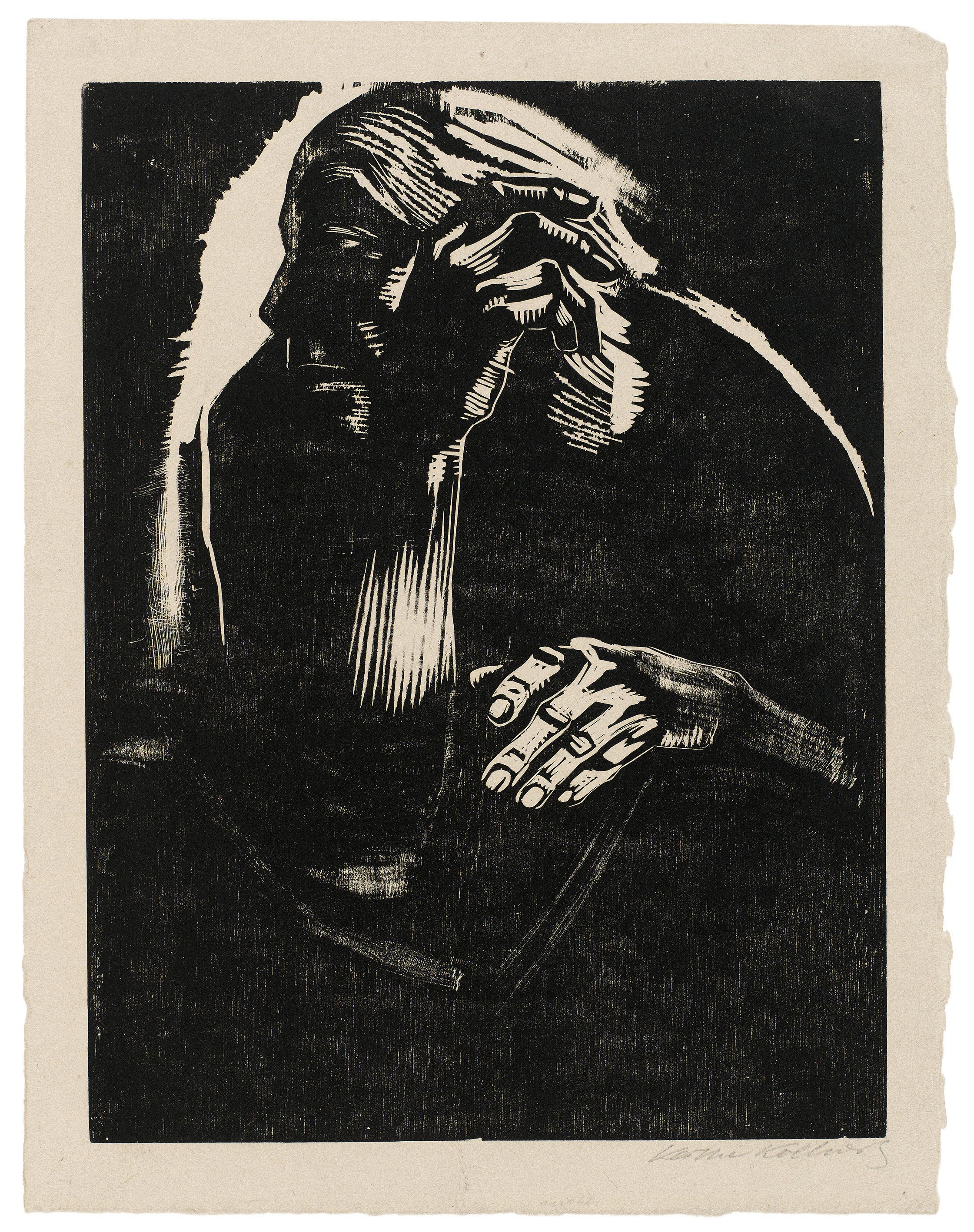 Käthe Kollwitz, Selbstbildnis, 1924, Holzschnitt, 400 x 300 mm, Kn 203 IV, Kollwitz Museum Köln, Inv. Nr. 70300/84041.