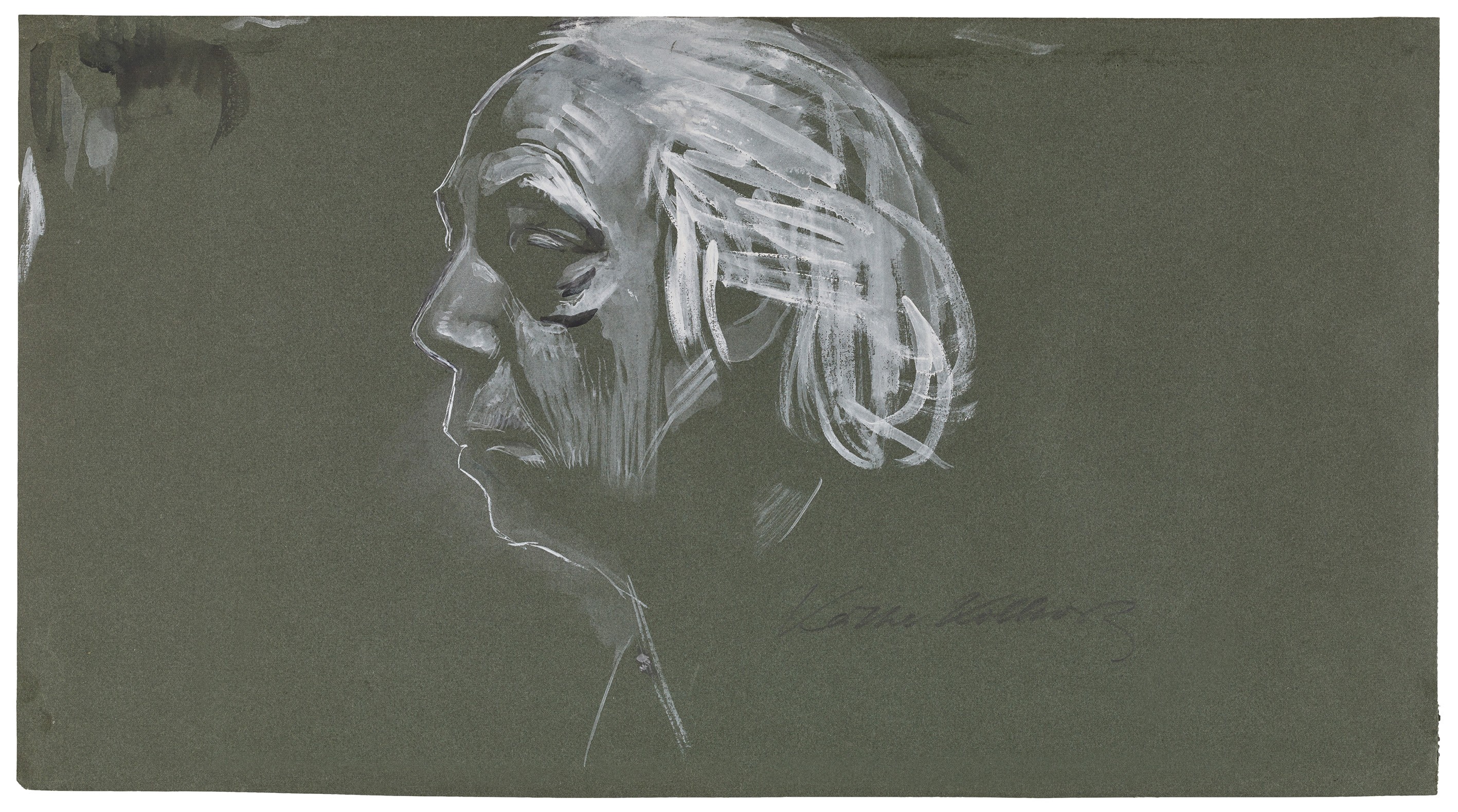 Käthe Kollwitz, Selbstbildnis im Profil nach links, 1924, Pinsel in Deckweiß, stellenweise schwarz laviert, auf dunkelgrünem Papier, 260 x 473 mm, NT 1001, Kollwitz Museum Köln, Inv. Nr. 70200/90008.