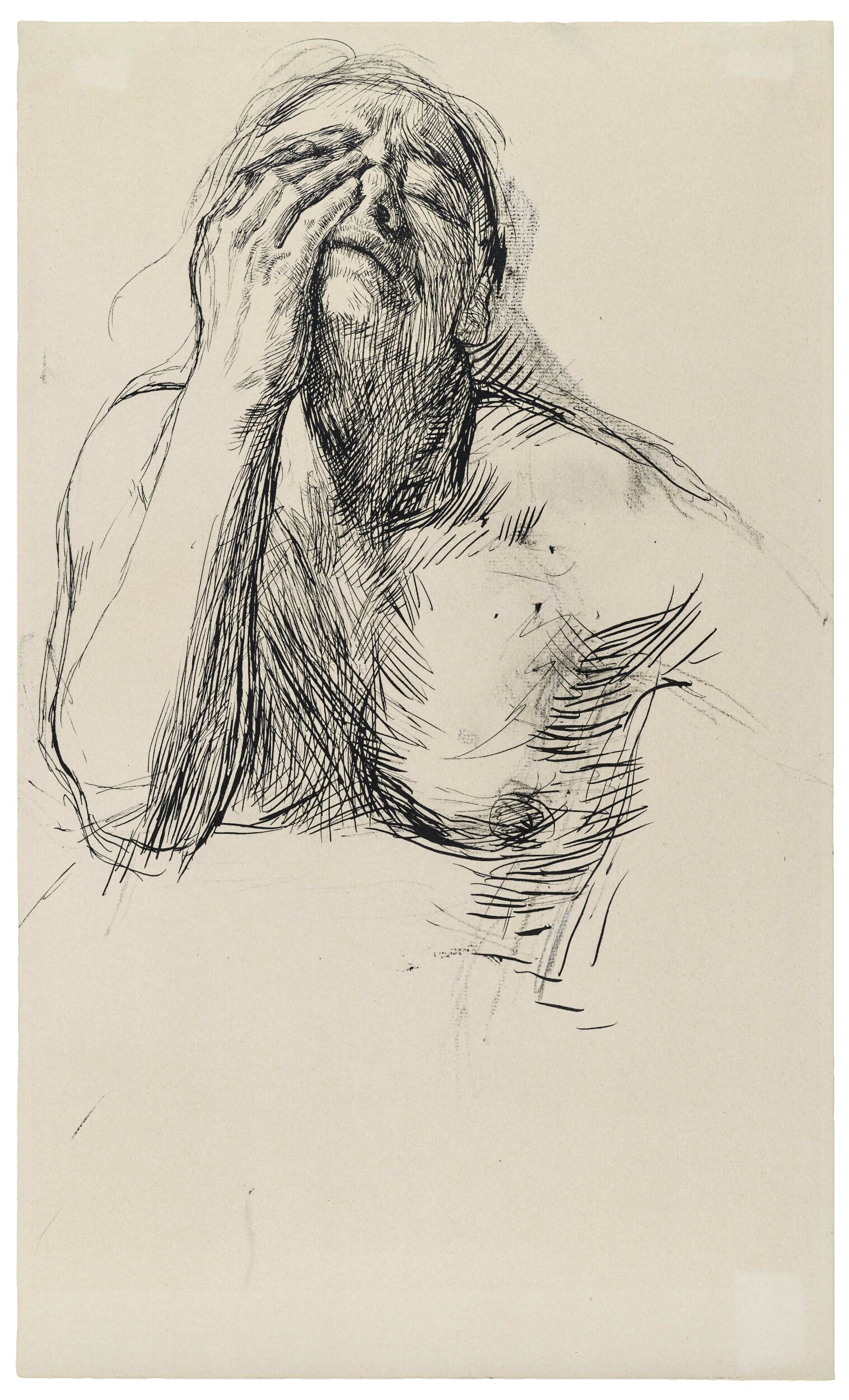 Käthe Kollwitz, Frauenstudie zu »Zertretene«, 1900, Blatt 4 der »Richter-Mappe«, Lichtdruck, 1920, Repro: Kollwitz Museum Köln. Original: Feder in Schwarz auf gelblich getöntem Papier, 403 x 255 mm, NT 163, Kupferstich-Kabinett, Staatliche Kunstsammlungen Dresden.