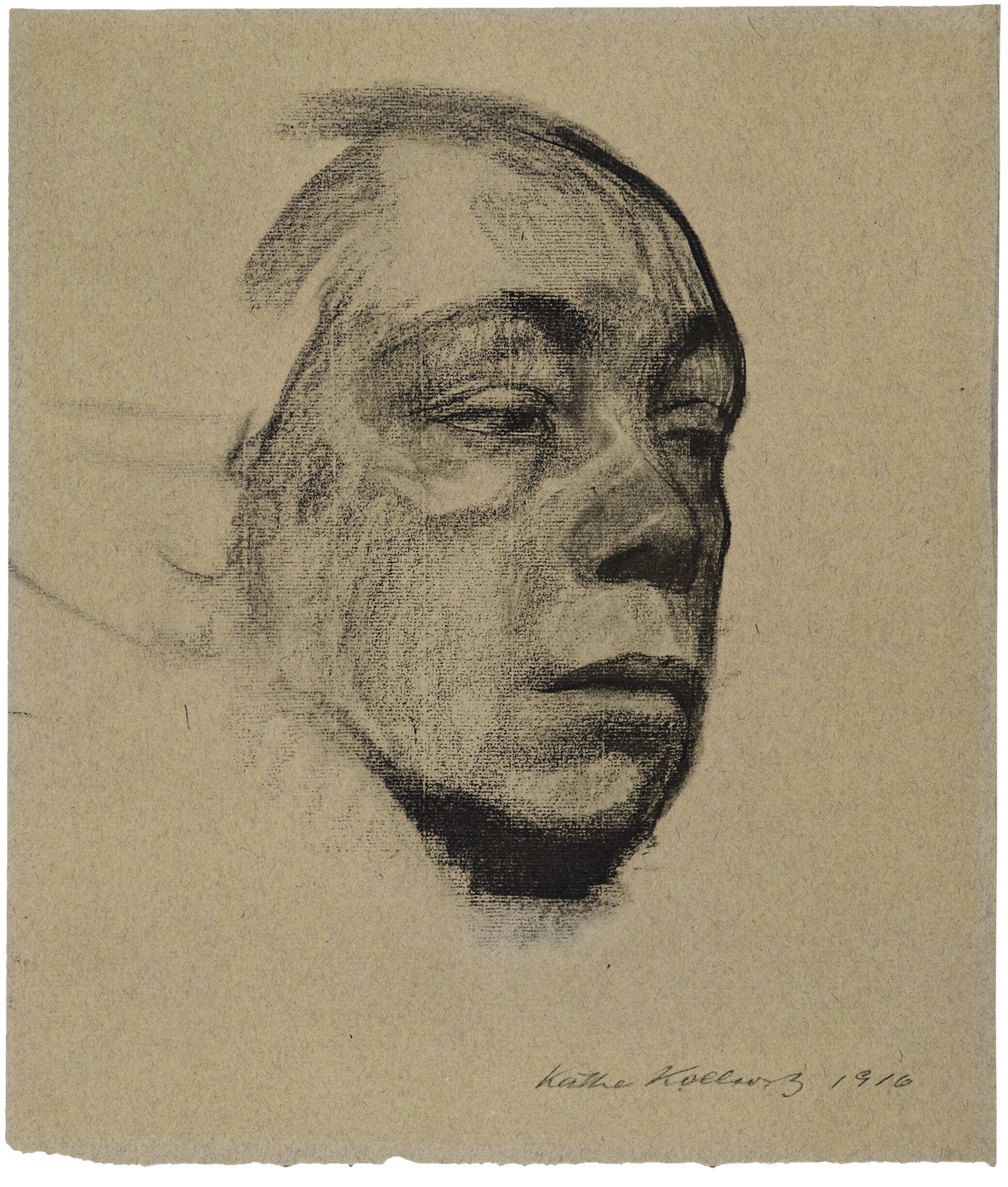 Käthe Kollwitz, Selbstbildnis, 1916, Blatt 1 der »Richter-Mappe«, Lichtdruck, 1920, Repro: Kollwitz Museum Köln. Original: Kohle, gewischt, auf blaugrauem Papier, 362 x 310 mm, NT 733, Albertina, Wien.
