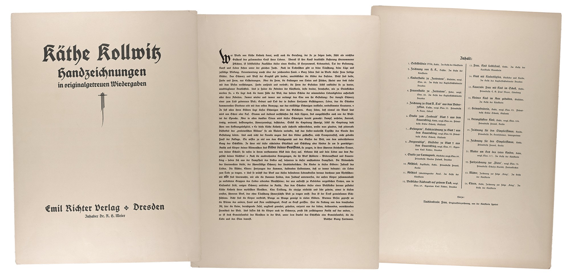 Die »Richter-Mappe«: Titelblatt, Einführung und Inhaltsverzeichnis, 63 x 465 mm, Kollwitz Museum Köln, Inv. Nr. 70301/90032, Collage © Kollwitz Museum Köln.