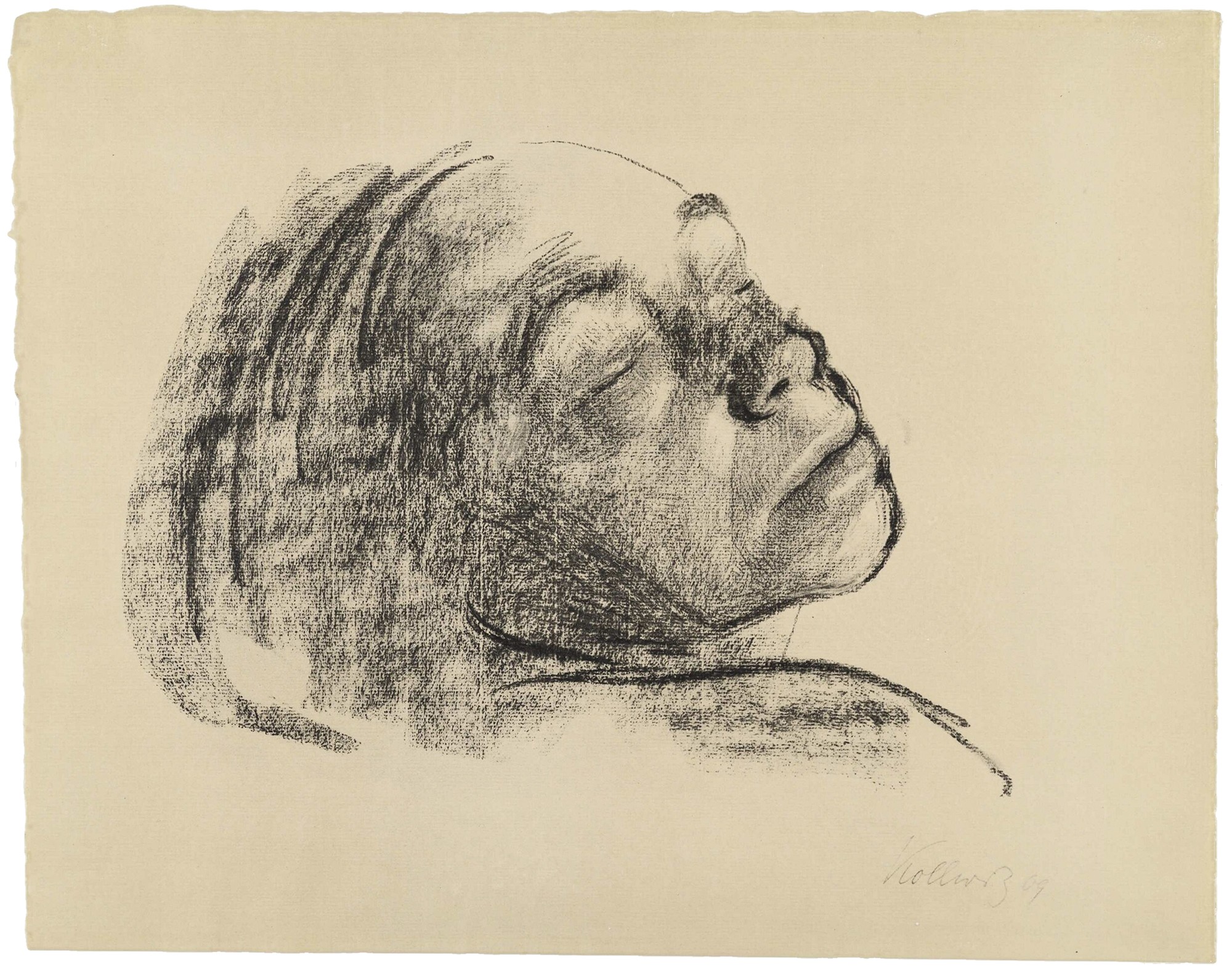 Käthe Kollwitz, Farewell, 1909, sheet 10 of the »Richter Portfolio«, Collotype, 1920. Original: Black chalk on slightly brownish Ingres paper, 350 x 447 mm, NT 592, Sammlung Ute Kahl, Köln.