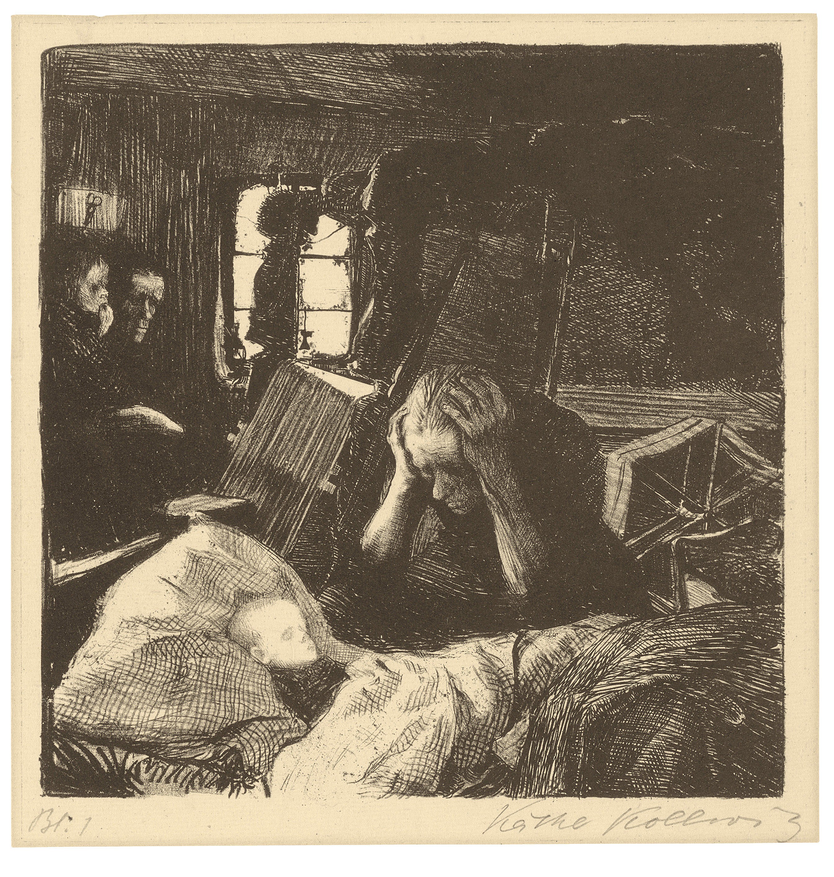 Käthe Kollwitz, Not, Blatt 1 aus dem Zyklus »Ein Weberaufstand«, 1893–97, Kreide- und Federlithografie, Schabeisen und Schabnadel, 154 x 153 mm, Kn 33 A III a, Kollwitz Museum Köln, Inv. Nr. 70300/84005.