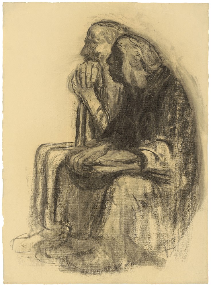 Das Foto zeigt ein spätes Selbstbildnis von Käthe Kollwitz mit ihrem Mann Karl, gezeichnet mit Kohle auf gelblichem Ingres-Bütten. Sie sitzen auf einer imaginären Bank, blicken mit erhobenem Kopf sinnierend in die Ferne. Die Ganzfiguren sind in Seitenansicht nach links dargestellt, ihre Rücken halbkreisförmig zu einer einzigen Silhouette verschmolzen. Käthe Kollwitz zeichnet sich im Vordergrund, das Gesicht verschattet, ihre Hände ruhen auf ihrem Schoß. Sie hält ein verschlossenes Buch - vielleicht das zugeschlagene Buch des Lebens. Hinter ihr Karl, der seine Hände auf den Knauf eines Gehstock stützt, darauf ruht sein Kinn. 
