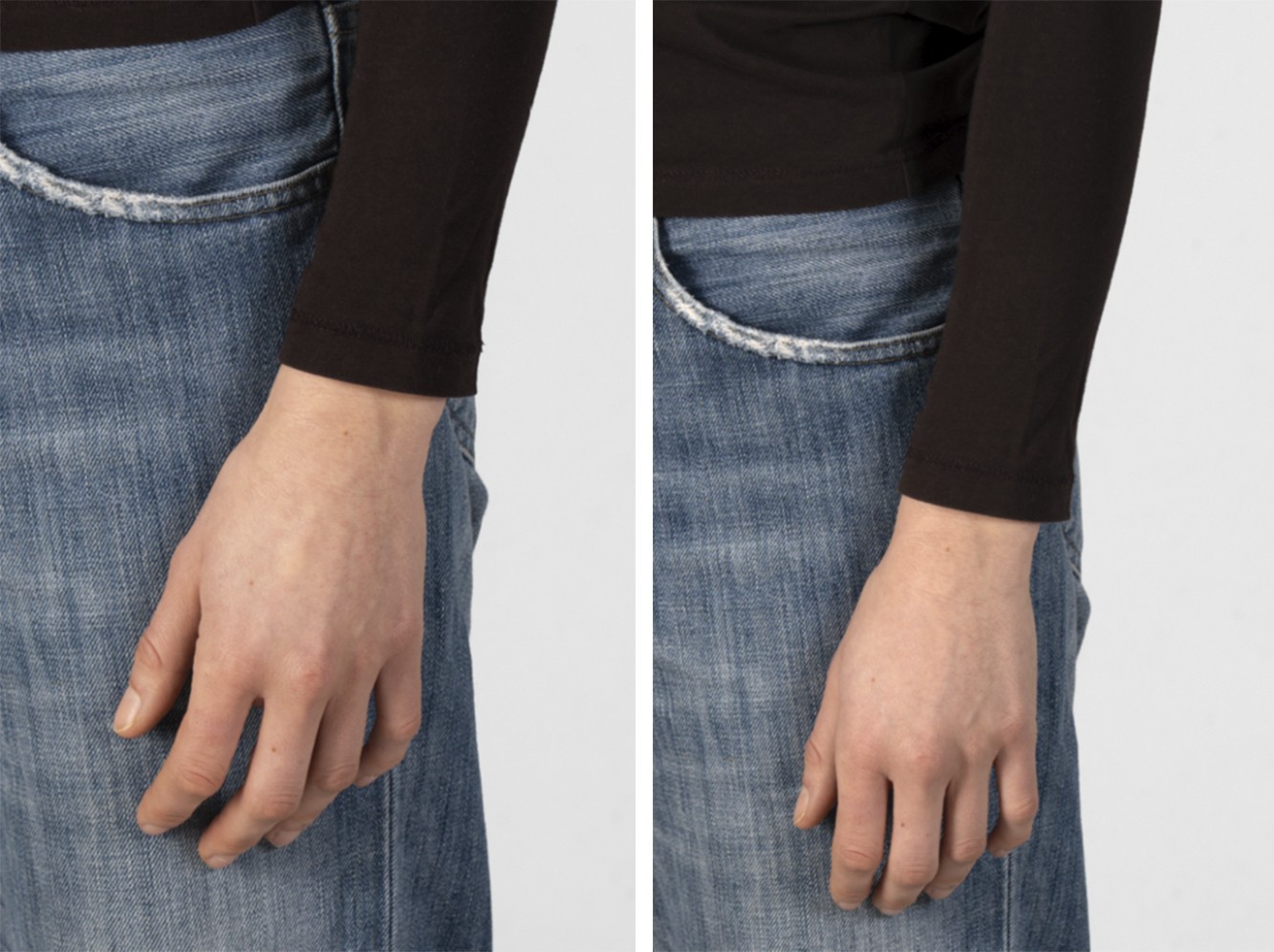 The image shows a person from the waist down in two almost identical, side-by-side frames. They are wearing a close-fitting, black long-sleeved top and a pair of classic blue jeans with a distressed look, where the edge of the front pocket is slightly frayed. The person’s arm hangs loosely by their side, with their hand resting relaxed on the denim fabric. 
