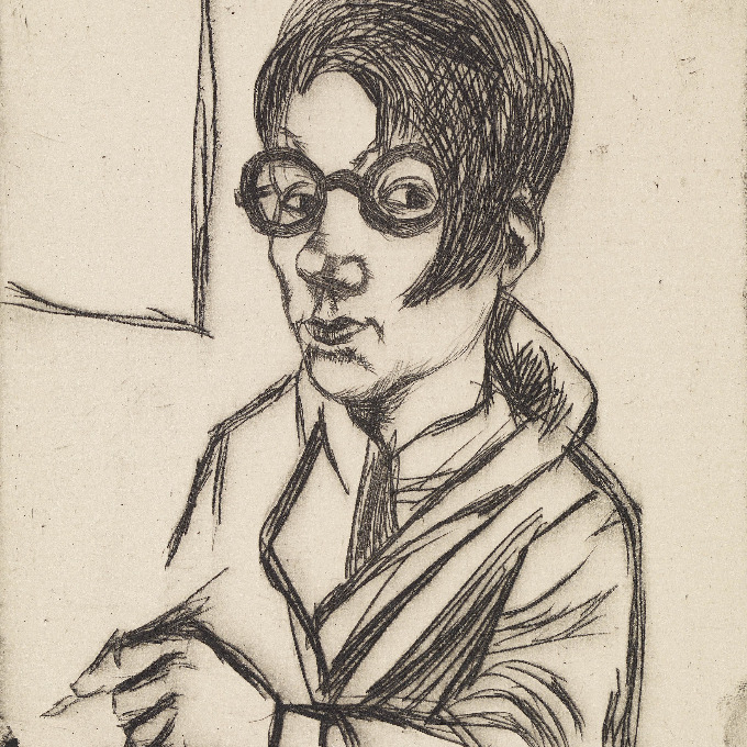 Hanna Nagel (1907–1975), Ohne Titel (Selbstbildnis mit Brille), 1928, Radierung, 13,9 x 11,9 cm, Kunsthalle Mannheim © VG Bildkunst, Bonn 2026