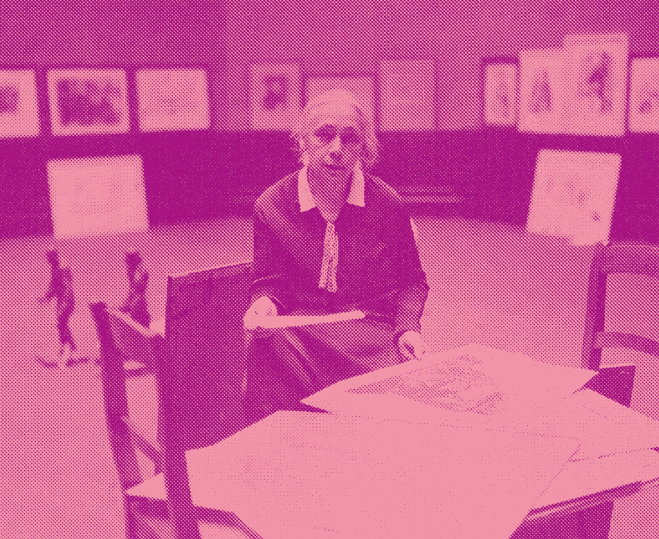 Käthe Kollwitz in der Preußischen Akademie der Künste, Berlin 1927, Fotograf unbek., Reproabzug, Nachlass Kollwitz,  Kollwitz Museum Köln, Archiv, Inv. Nr. F 01.e-01 © Kollwitz Museum Köln, Bearbeitung: Julius Terlinden